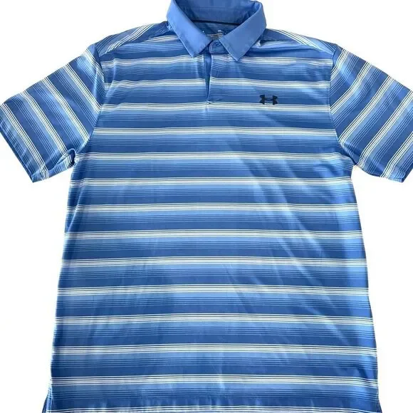 Under Armour Striped Polo Shirt Blue HeatGear Golf Collared - Size Large - Picture 3 of 7